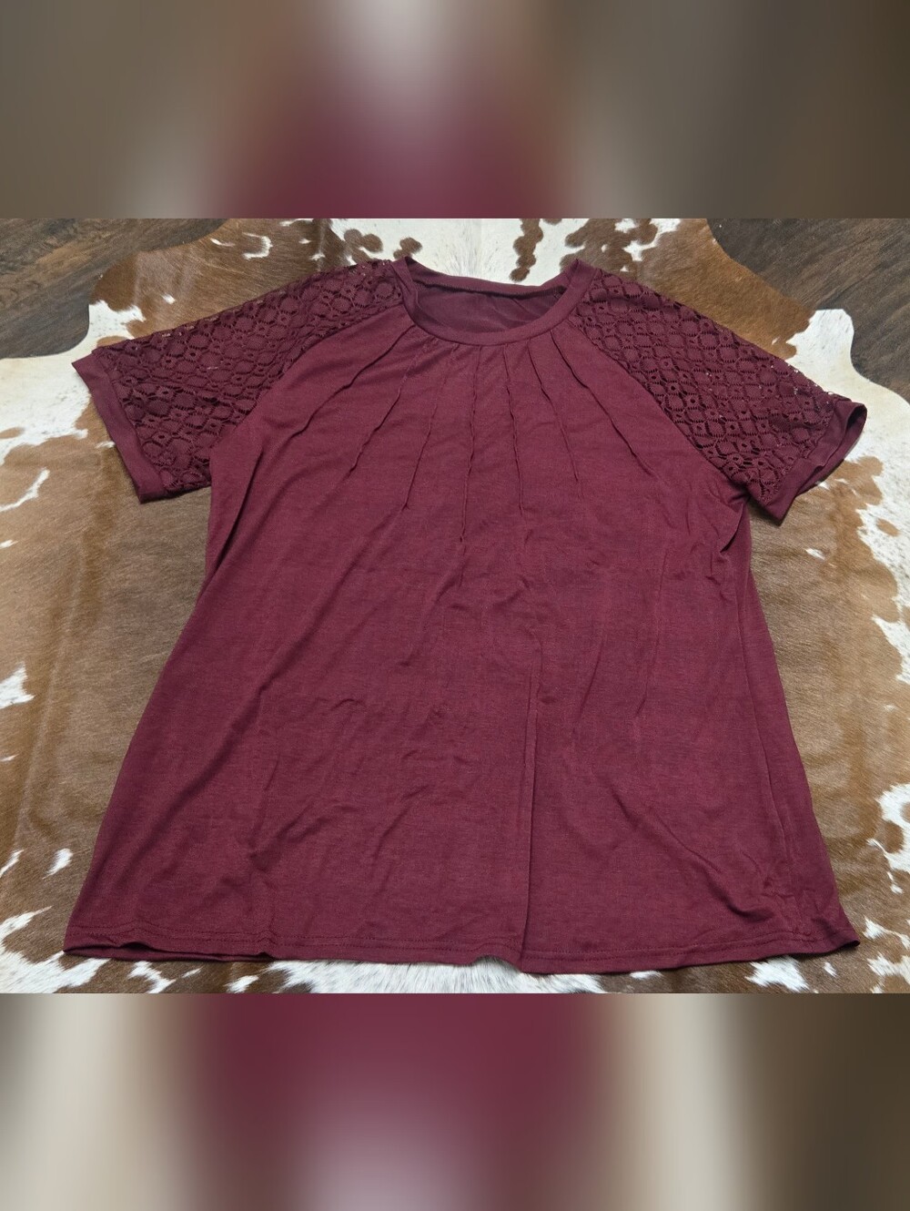 Women’s Short-Sleeve Lace Yoke Top - Burgundy